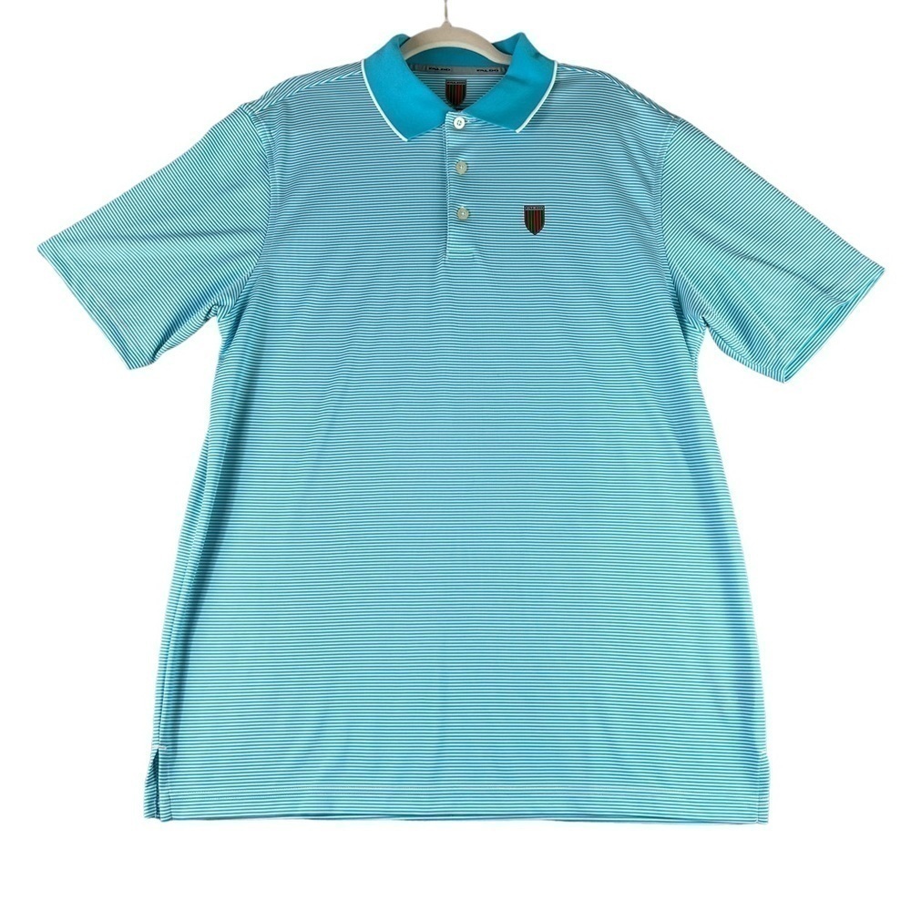 Faldo Claret & Green Men's Size Large Aqua Striped Short Sleeve Golf Polo Shirt